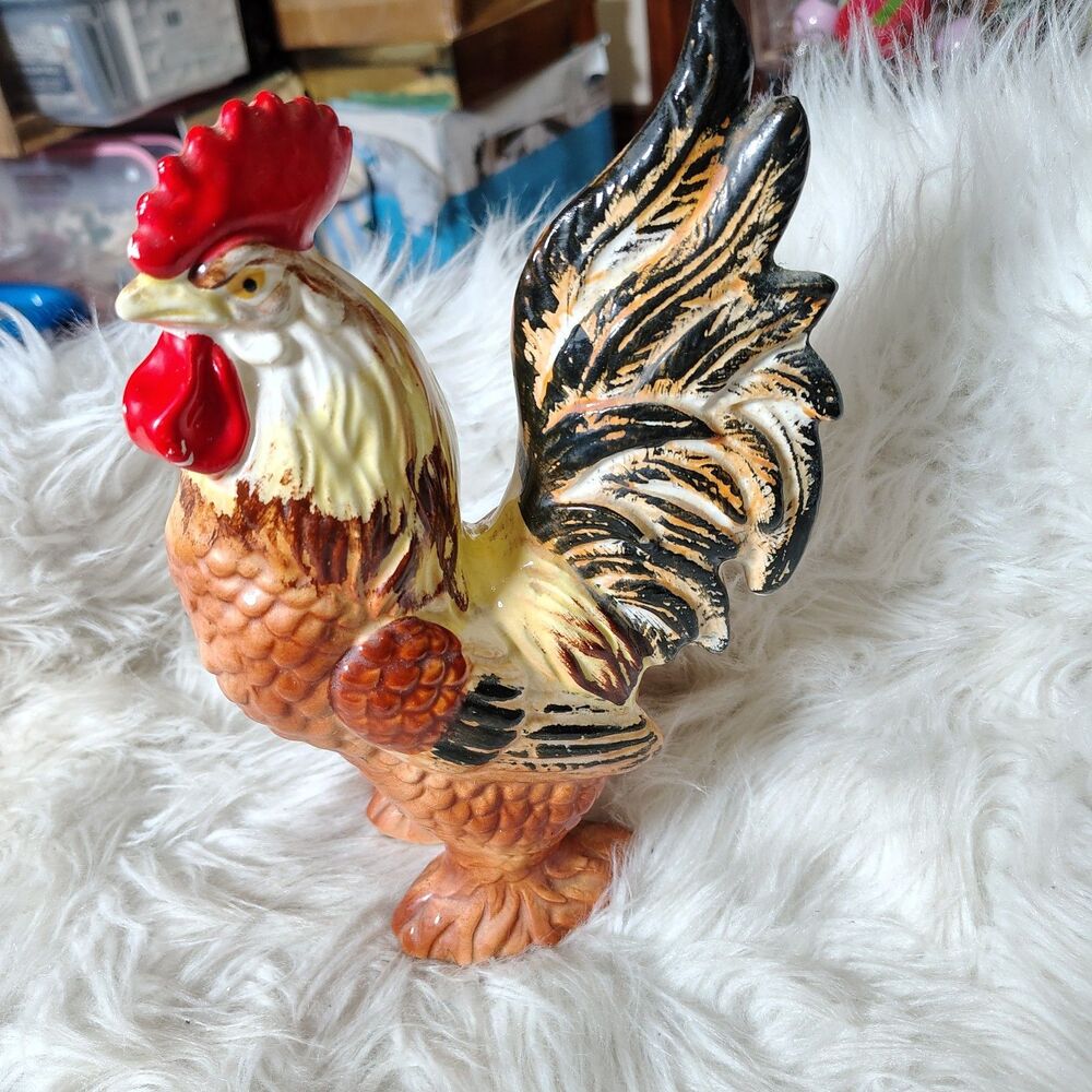 VTG Rooster Mid Century Farmhouse Dark Blk Tail Feathers Country Kitchen Decor